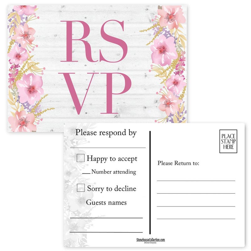 Stonehouse Collection | Rustic Barnwood and Floral RSVP Postcards | Wedding, Baby Shower, Birthdays, Celebration Announcements | Great For Any Occasion | 4" x 6" Postcards - Made in the USA - Image 1